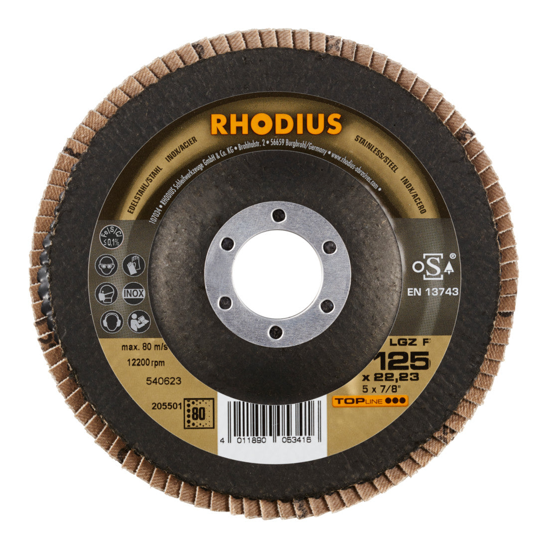 RHODIUS TOPline LGZ F Fächerschleifscheibe 125 x 22,23 mm K80 10 Stk