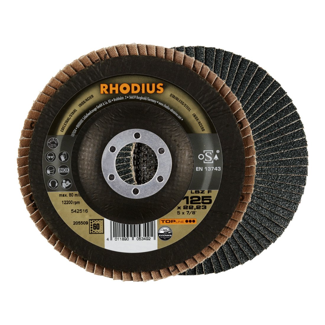 RHODIUS TOPline LSZ F EXTENDED Fächerschleifscheibe 125 x 22,23 mm K60 10 Stk