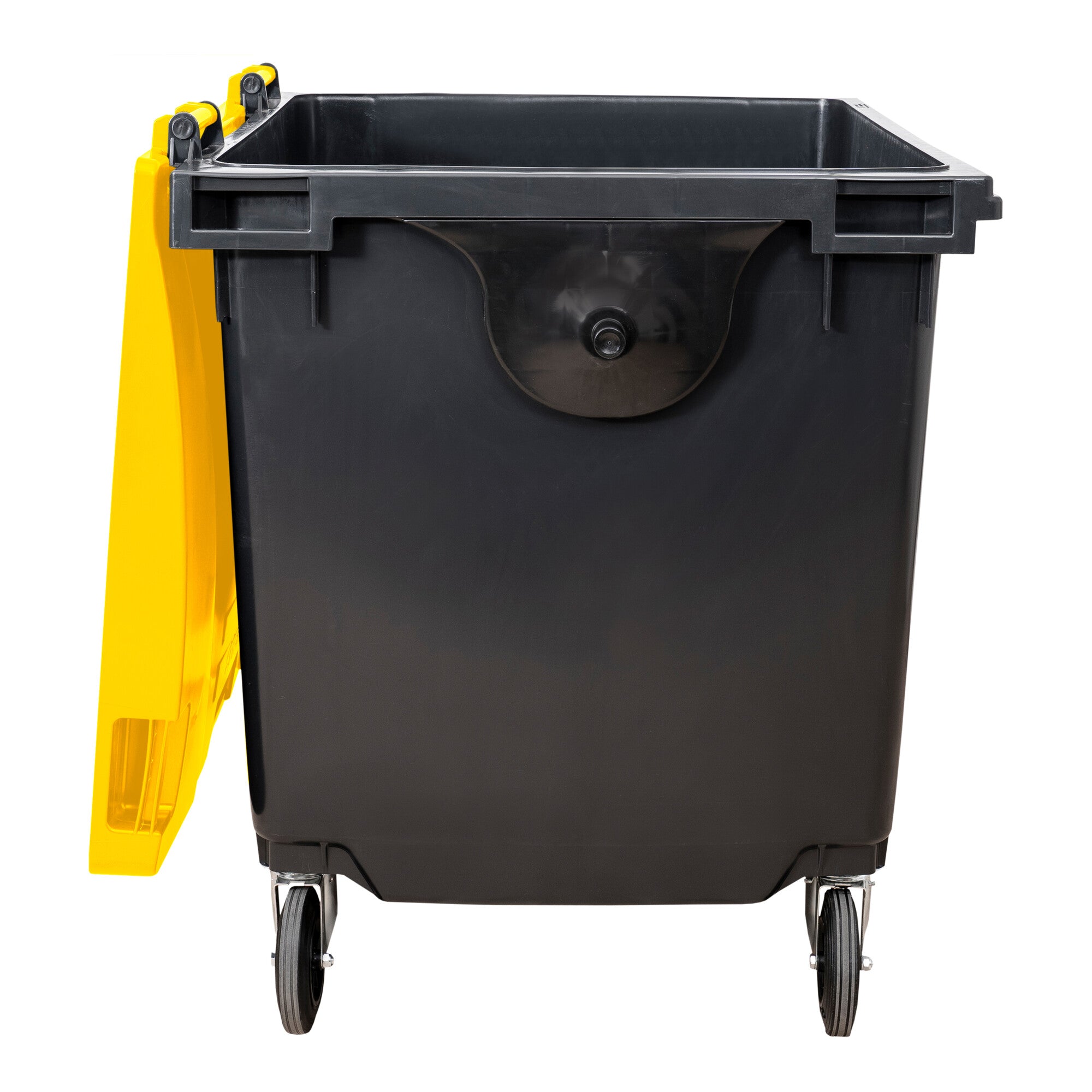 STIER 4-wheel large waste container | 660 l | gray/blue | flat lid | WxDxH 137x76x122cm | 360° swivel casters | DIN EN 840-1