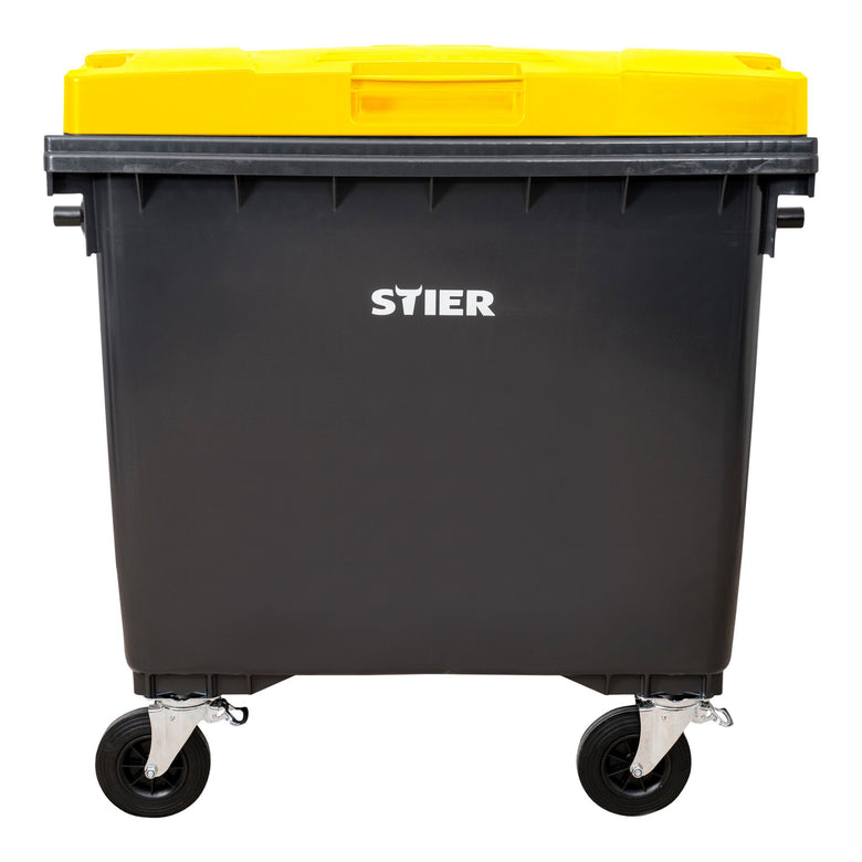 STIER 4-Rad-Müllgroßbehälter | 660 l | grau/blau | Flachdeckel |BxTxH 137x76x122cm | 360° Schwenkrollen | DIN EN 840-1