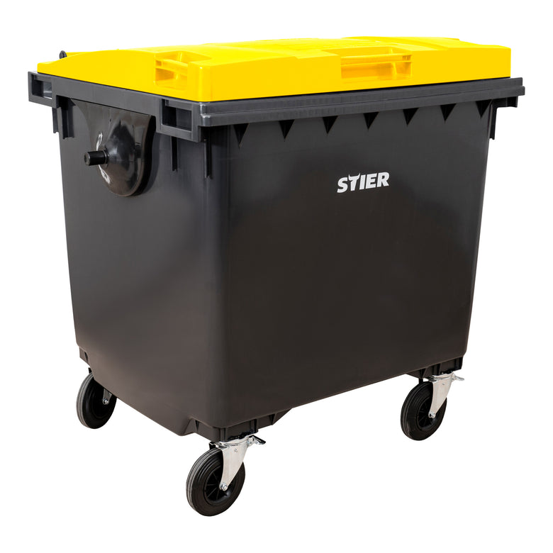 STIER 4-wheel large waste container | 660 l | gray/blue | flat lid | WxDxH 137x76x122cm | 360° swivel casters | DIN EN 840-1