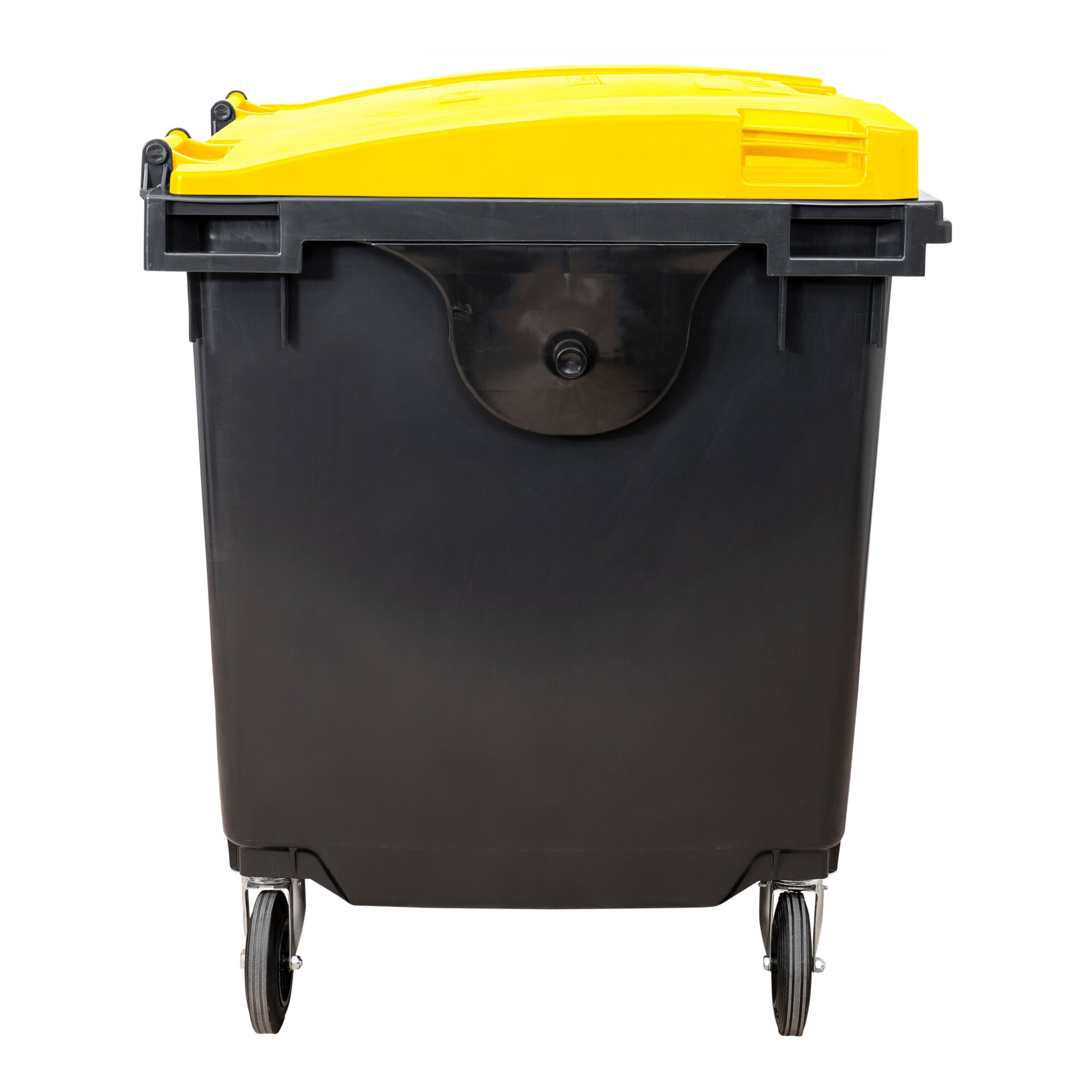 STIER 4-wheel large waste container | 660 l | gray/blue | flat lid | WxDxH 137x76x122cm | 360° swivel casters | DIN EN 840-1