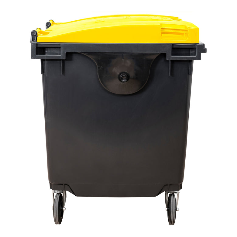 STIER 4-wheel large waste container | 660 l | gray/blue | flat lid | WxDxH 137x76x122cm | 360° swivel casters | DIN EN 840-1