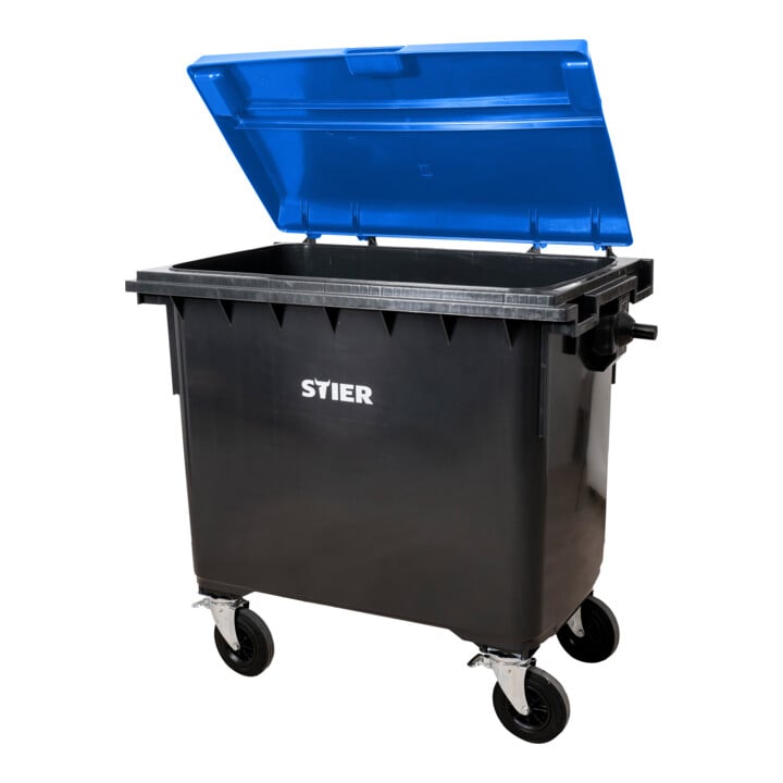 STIER 4-wheel large waste container | 660 l | gray/blue | flat lid | WxDxH 137x76x122cm | 360° swivel casters | DIN EN 840-1