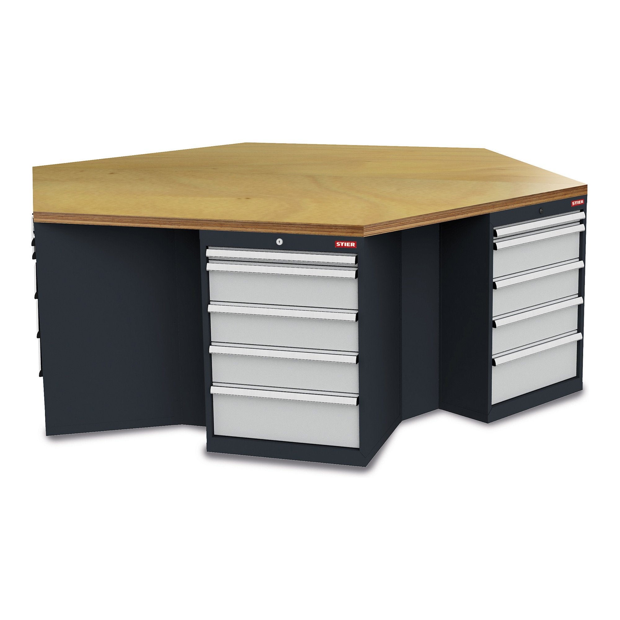 STIER 6-corner workbench dimensions 2500x2165x860 mm each with 5 drawers