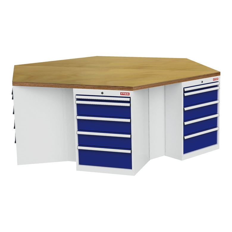 STIER 6-corner workbench WxDxH 2500x2165x860 mm light grey/gentian blue