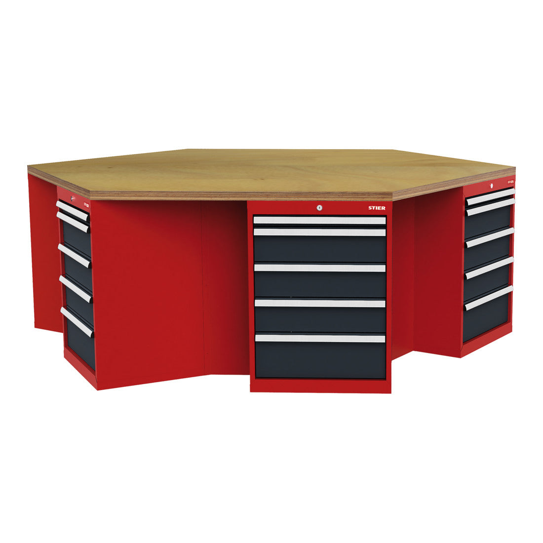STIER 6-corner workbench WxDxH 2500x2165x860 mm red/anthracite grey