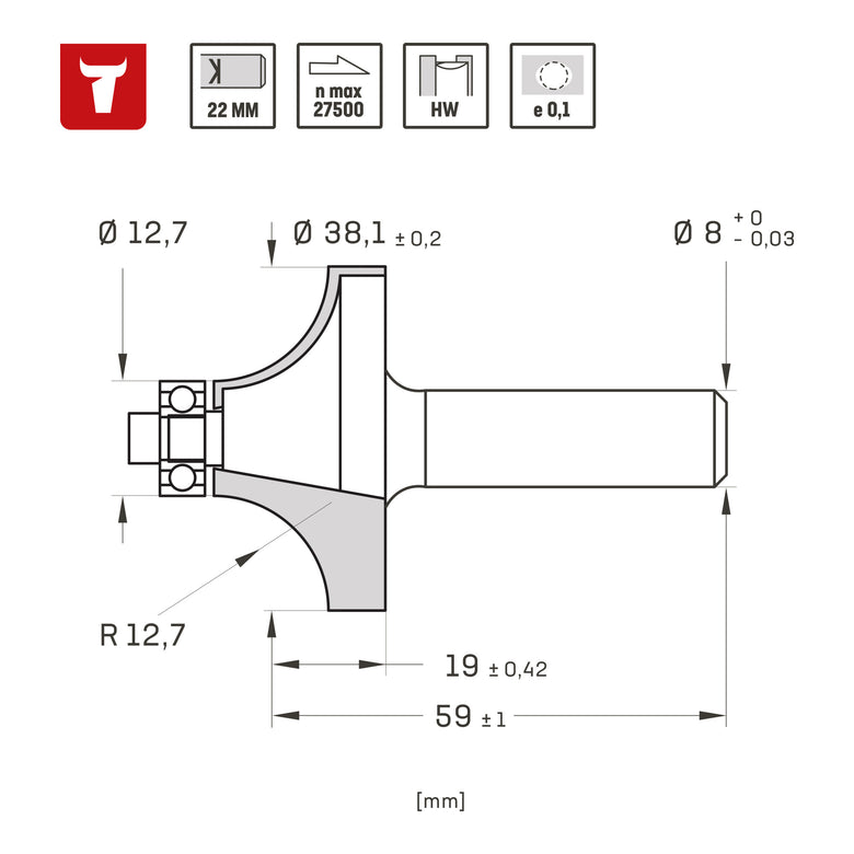 STIER rounding cutter D38.1 x R12.7 x S8 mm HM (HW)
