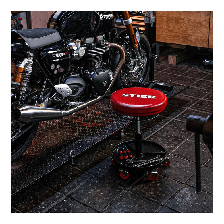 STIER rolling stool for the workshop, height-adjustable swivel stool, workshop stool