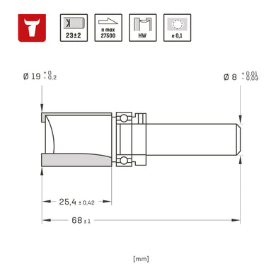 STIER Bündigfräser mit Anlaufkugellager Hart- 8 mm Durchmesser 19 mm Nutzlänge