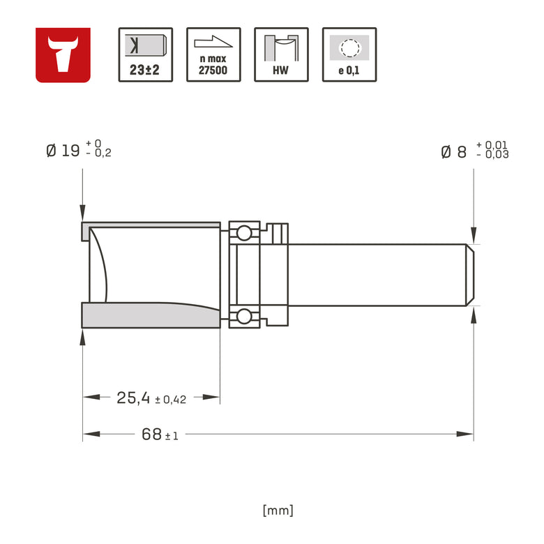 STIER Bündigfräser mit Anlaufkugellager Hart- 8 mm Durchmesser 19 mm Nutzlänge