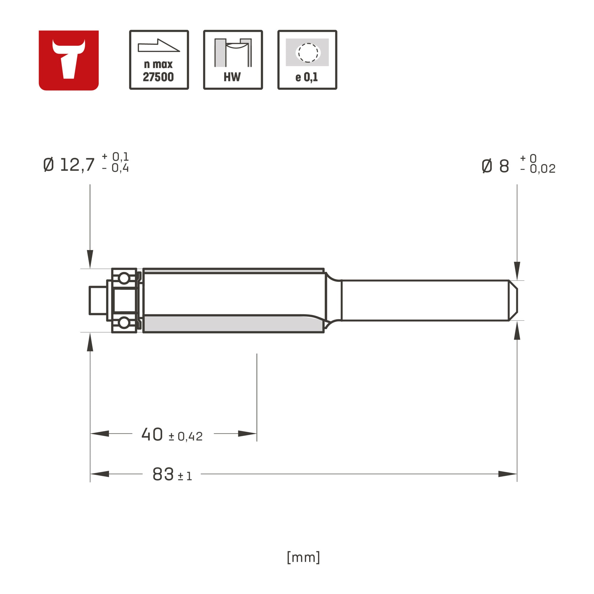 STIER Bündigfräser HW 8 mm Durchmesser 12,7 mm NL 41 mm