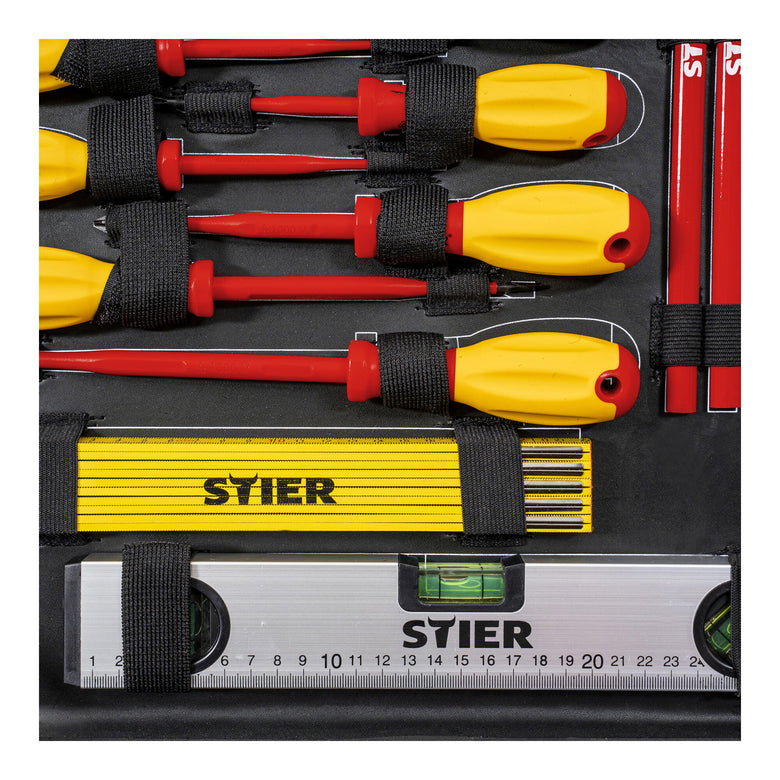 STIER Elektriker-Werkzeugsortiment Werkzeugkoffer 128-teilig Wasserwaage Hammer