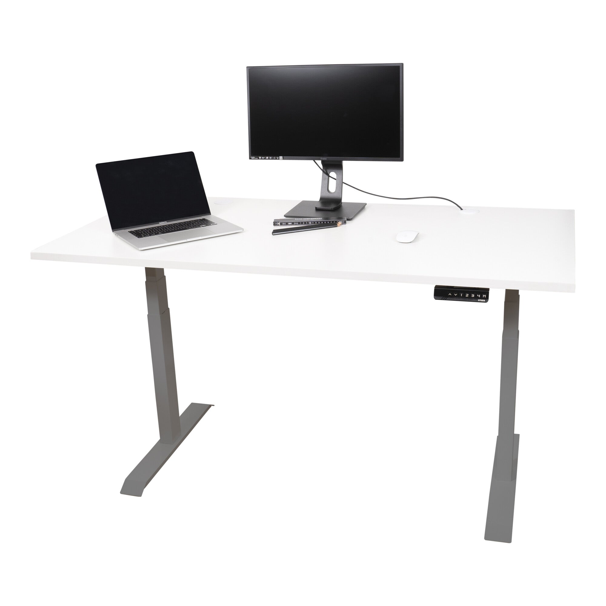 STIER Elektrisch höhenverstellbarer Schreibtisch TSR 120x80cm weiß/silber mit