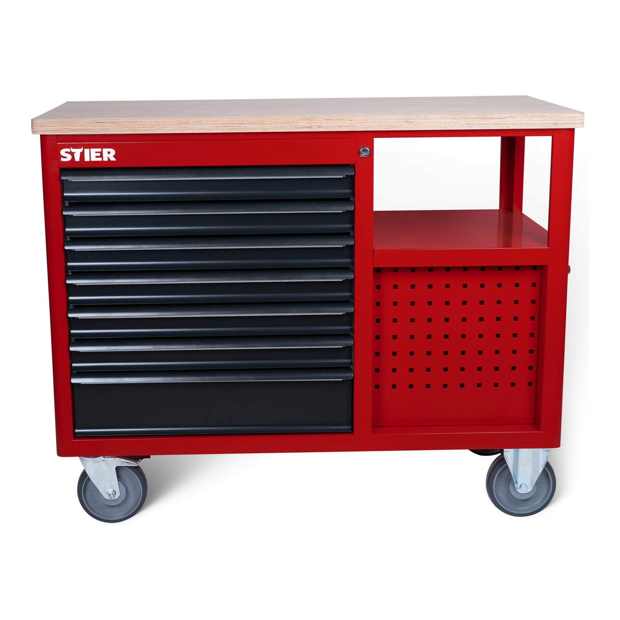 STIER Fahrbare Werkbank Open Space, Lochwand, 11 Schubl., 300kg, 930x1150x520