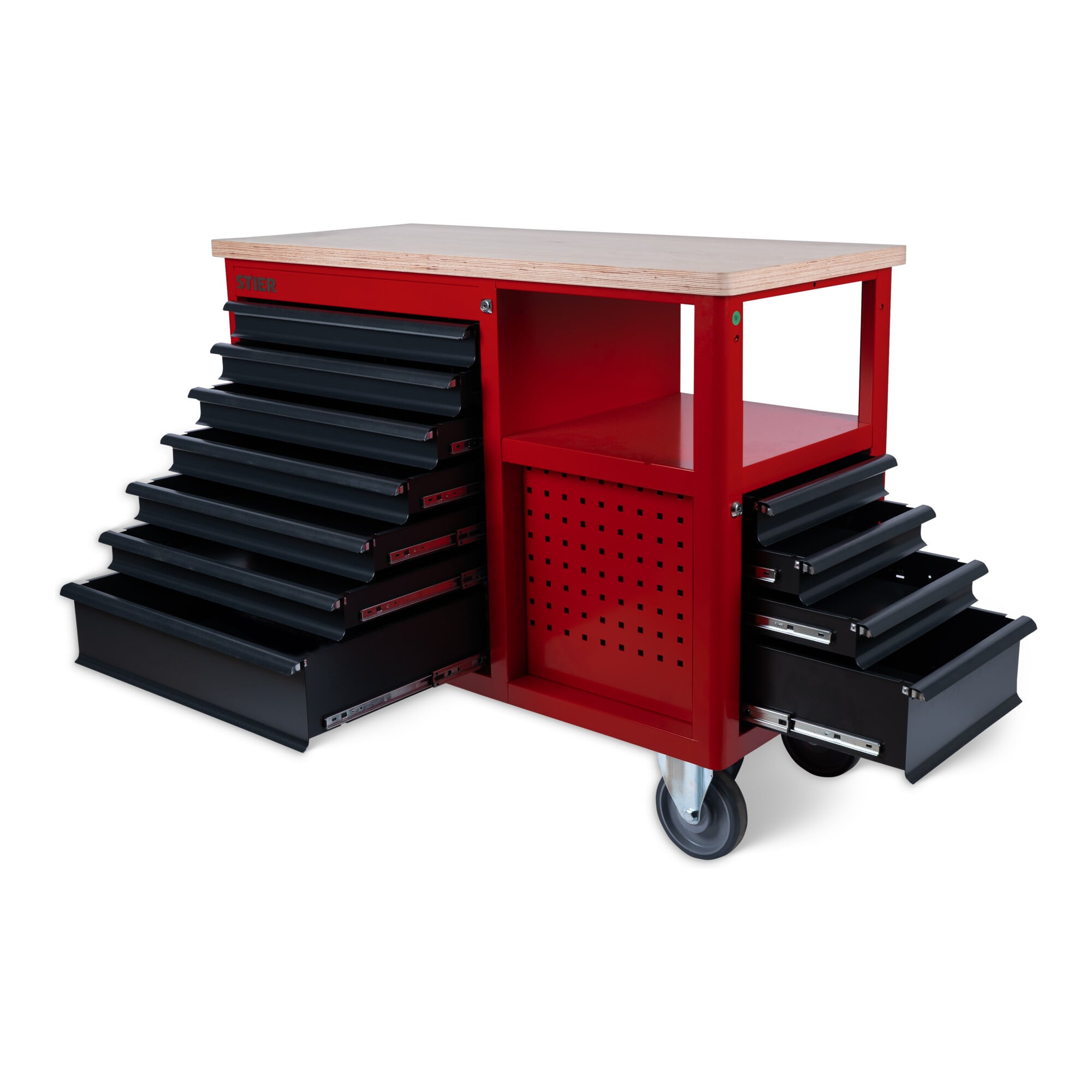 STIER Fahrbare Werkbank Open Space, Lochwand, 11 Schubl., 300kg, 930x1150x520