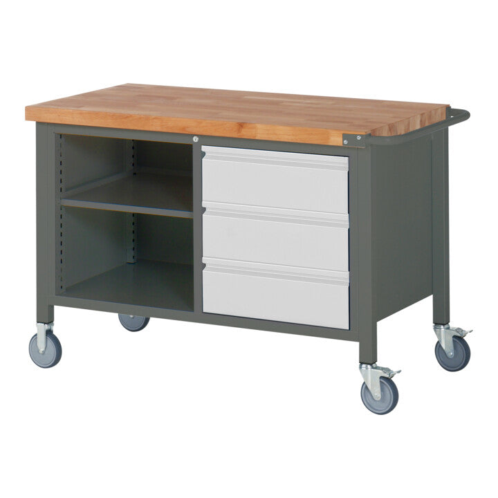 STIER Fahrbare Werkbank Premium mit 3 Schubladen und einem offenen Fach BxTxH 1250x700x880 mm