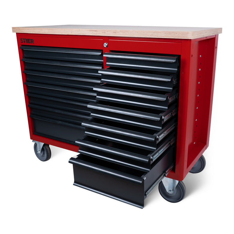 STIER Fahrbare Werkbank XXL, doppelt mit 14 Schubladen, leer
