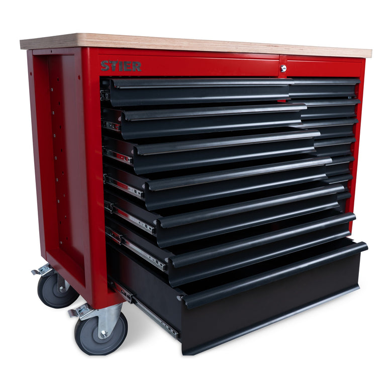 STIER Fahrbare Werkbank XXL, doppelt mit 14 Schubladen, leer