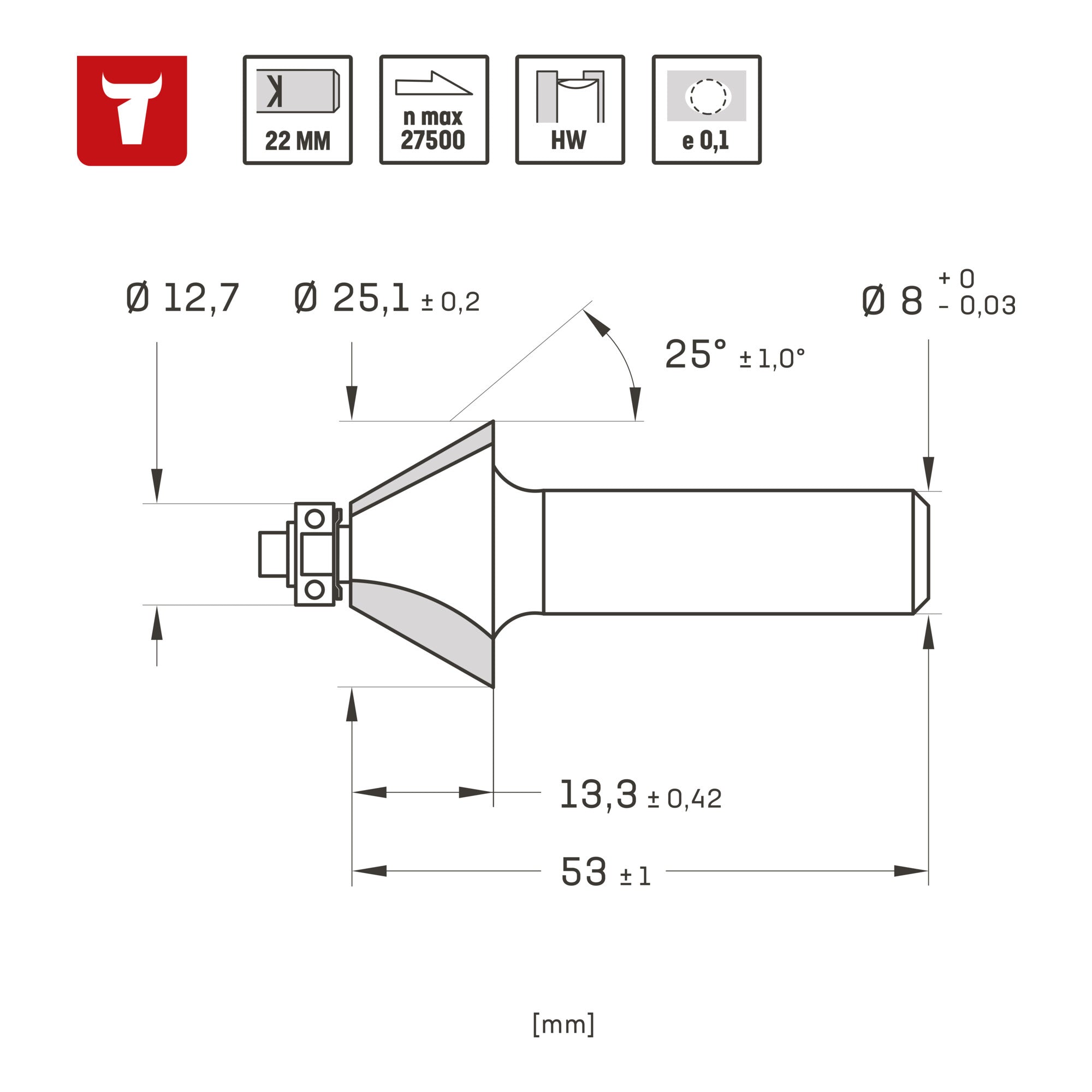 STIER chamfer cutter 25° x D25 x S8 mm HM (HW)