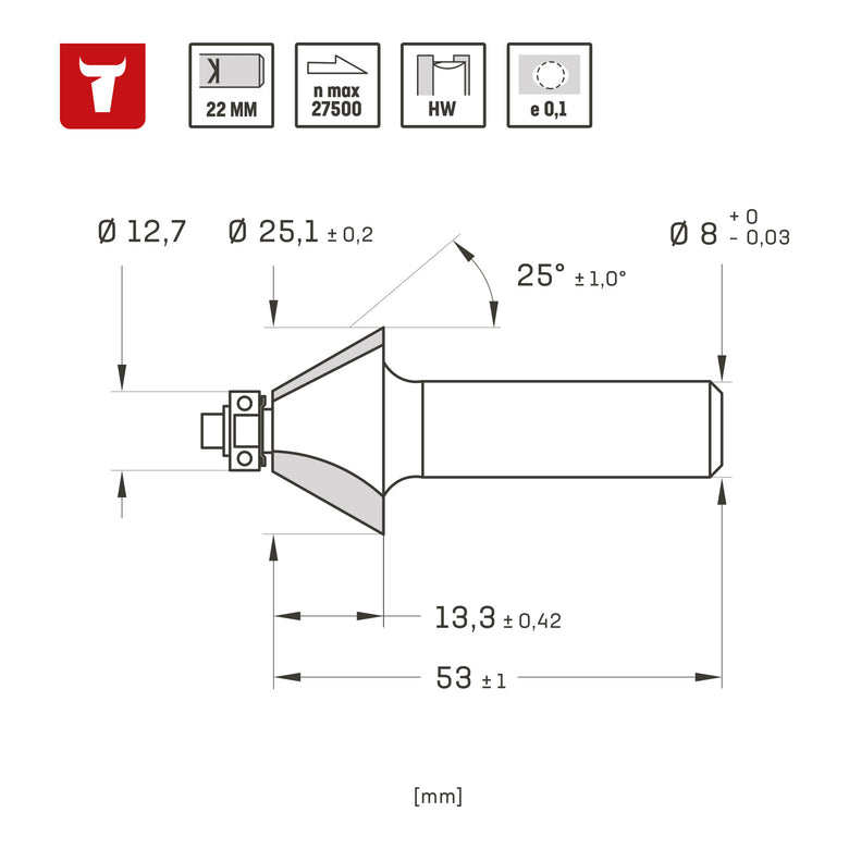 STIER chamfer cutter 25° x D25 x S8 mm HM (HW)