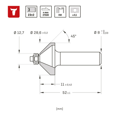 STIER chamfer cutter with ball bearing HM (HW) Ø 28.6 mm shaft Ø 8 mm 45 degree cutter