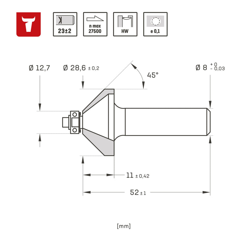 STIER Fasenfräser mit Kugellager HM (HW) Ø 28,6 mm Schaft- Ø 8 mm 45 Grad Fräser