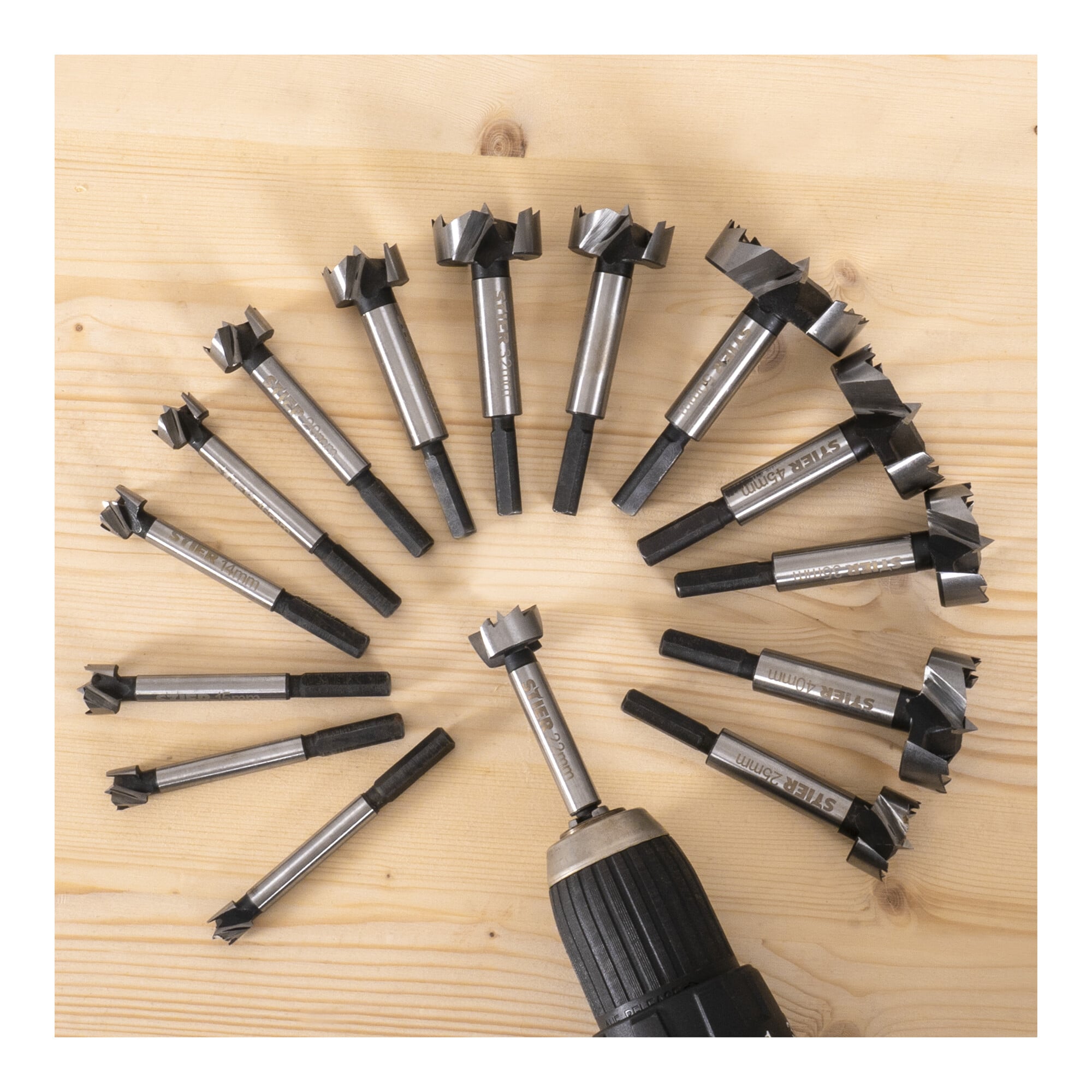 STIER Forstnerbohrer-Set in Holz-Kasette 15-teilig (Durchmesser 10 - 50 mm) 8 -