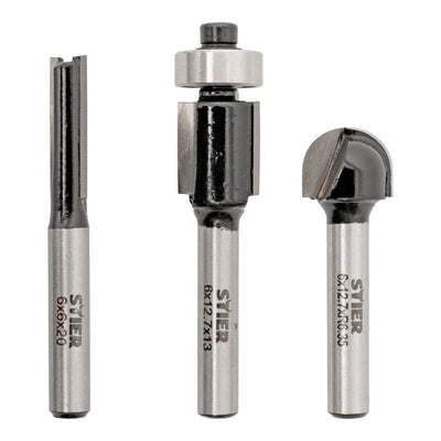 STIER milling cutter set 3-piece 6 mm shank groove cutter flush cutter round edge cutter