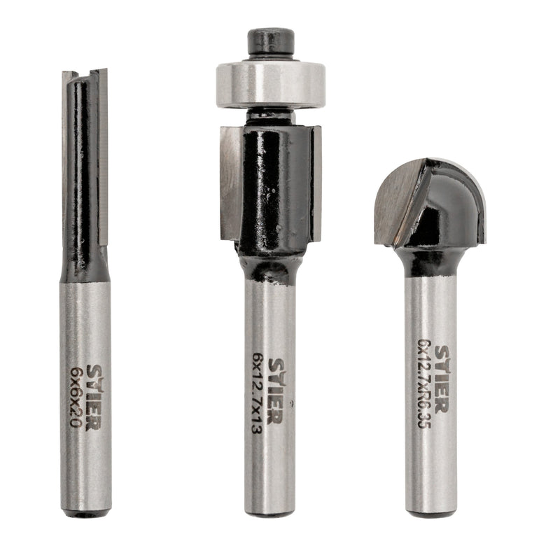 STIER milling cutter set 3-piece 6 mm shank groove cutter flush cutter round edge cutter