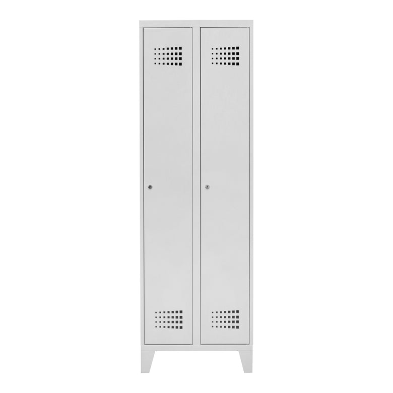 STIER Premium wardrobe locker with feet, 2 compartments, cylinder lock, light grey