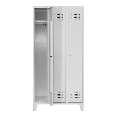 STIER Premium wardrobe locker with feet, 3 compartments, cylinder lock, light grey