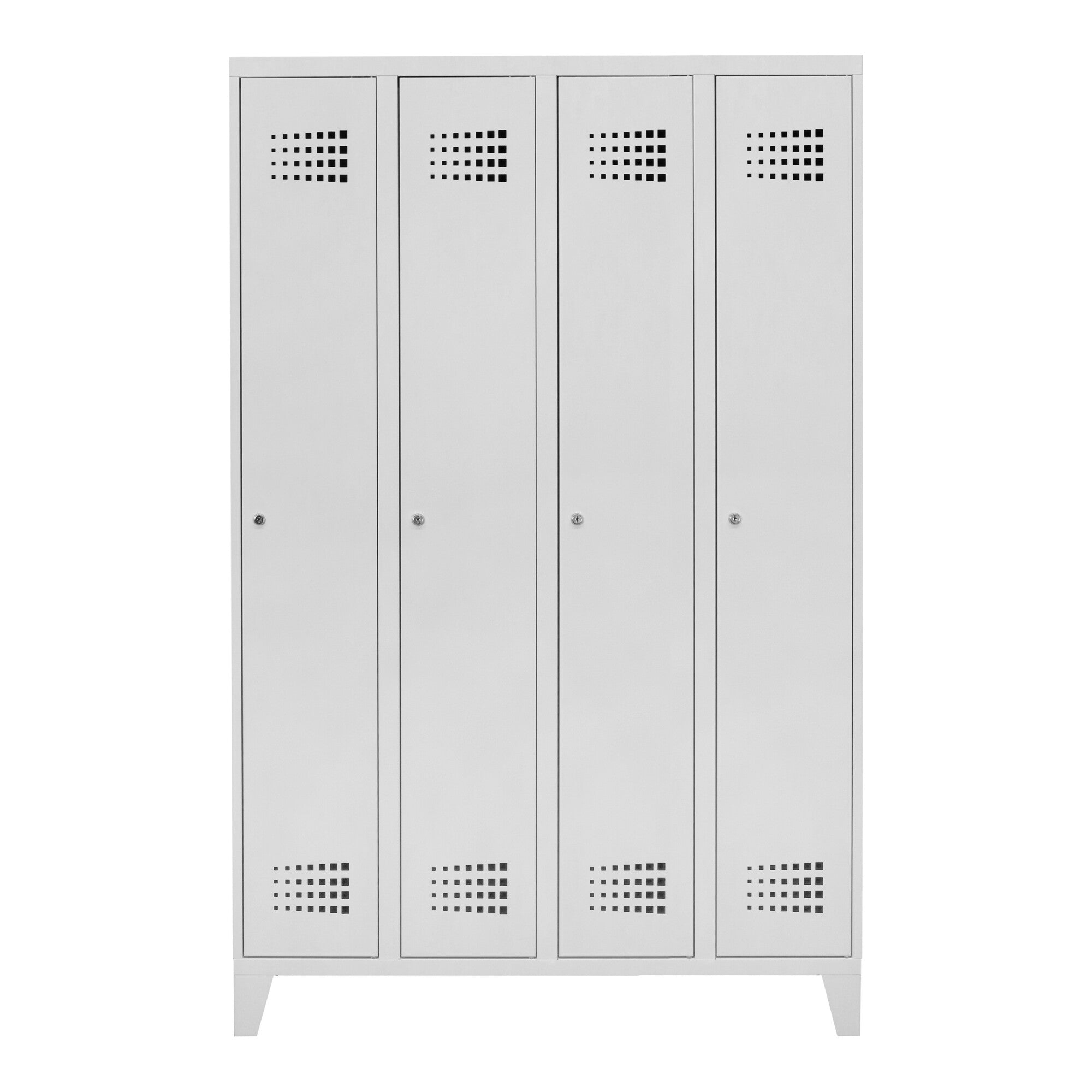 STIER Premium wardrobe locker with feet, 4 compartments, cylinder lock, light grey
