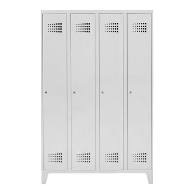 STIER Premium wardrobe locker with feet, 4 compartments, cylinder lock, light grey