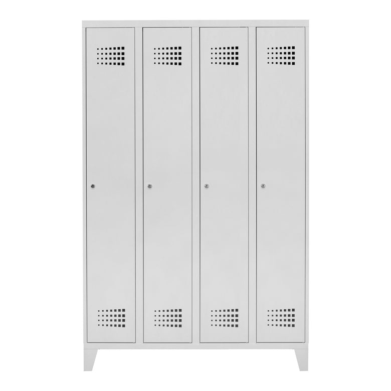 STIER Premium wardrobe locker with feet, 4 compartments, cylinder lock, light grey