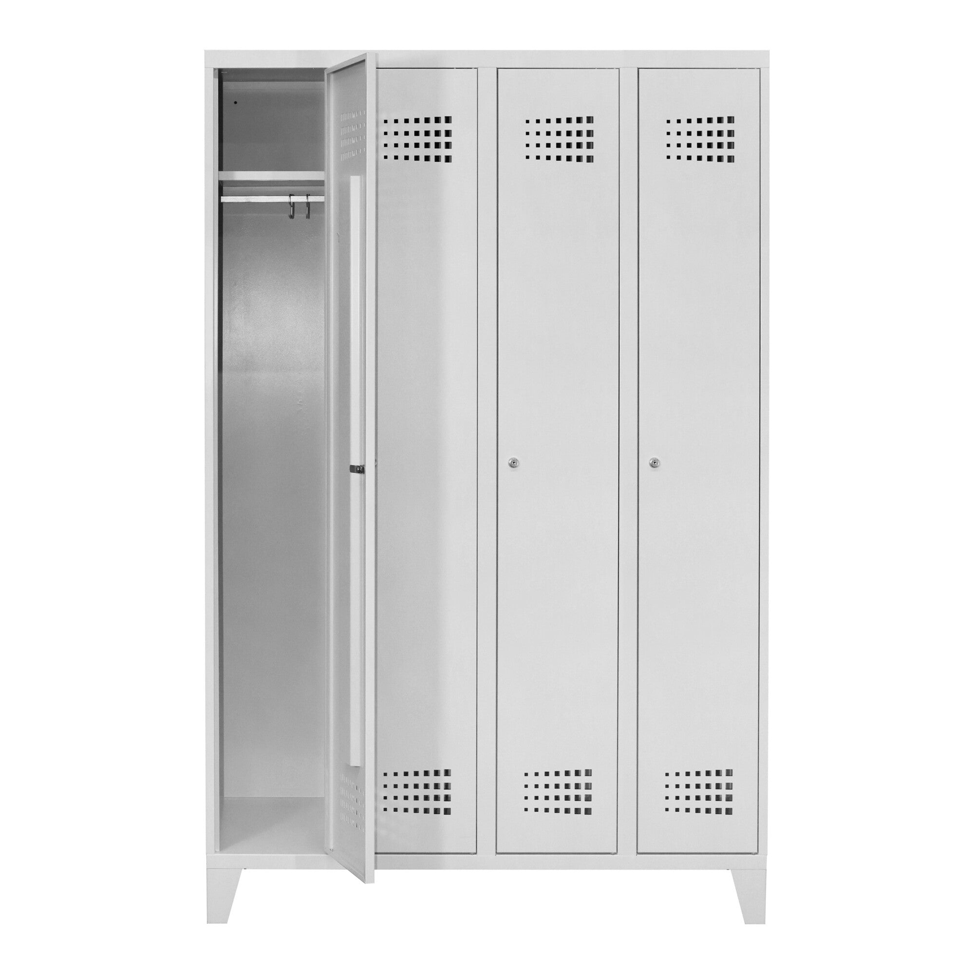 STIER Premium wardrobe locker with feet, 4 compartments, cylinder lock, light grey