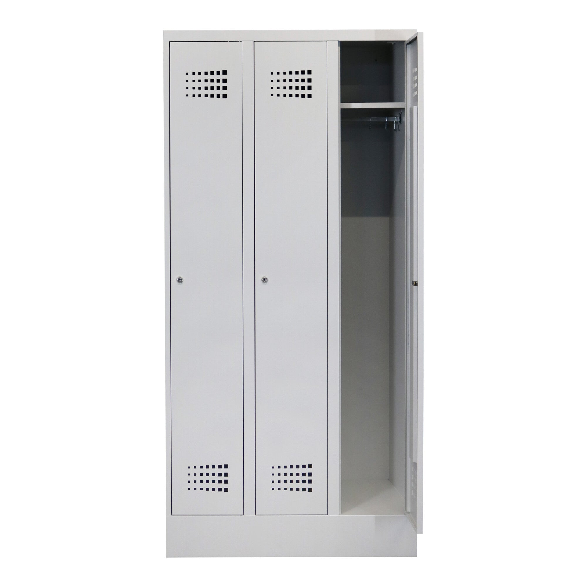 STIER Premium wardrobe locker with base, 3 compartments, cylinder lock, light grey