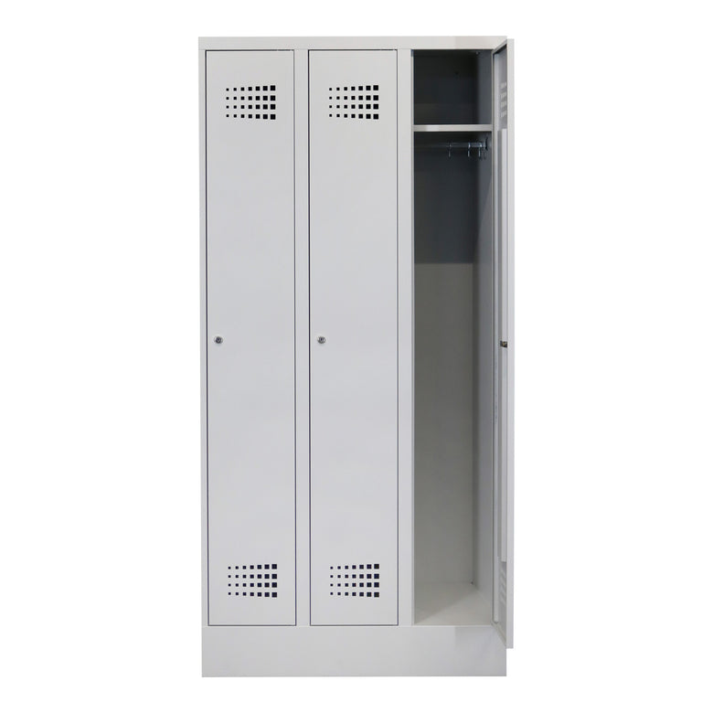 STIER Premium wardrobe locker with base, 3 compartments, cylinder lock, light grey