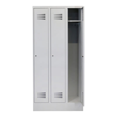 STIER Premium wardrobe locker with base, 3 compartments, cylinder lock, light grey