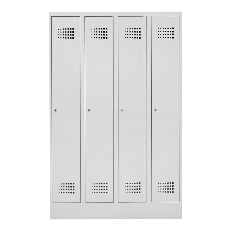 STIER Premium wardrobe locker with base, 4 compartments, cylinder lock, light grey