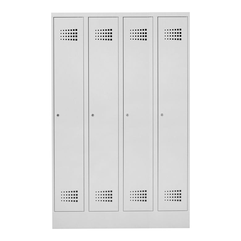 STIER Premium wardrobe locker with base, 4 compartments, cylinder lock, light grey