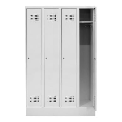 STIER Premium wardrobe locker with base, 4 compartments, cylinder lock, light grey
