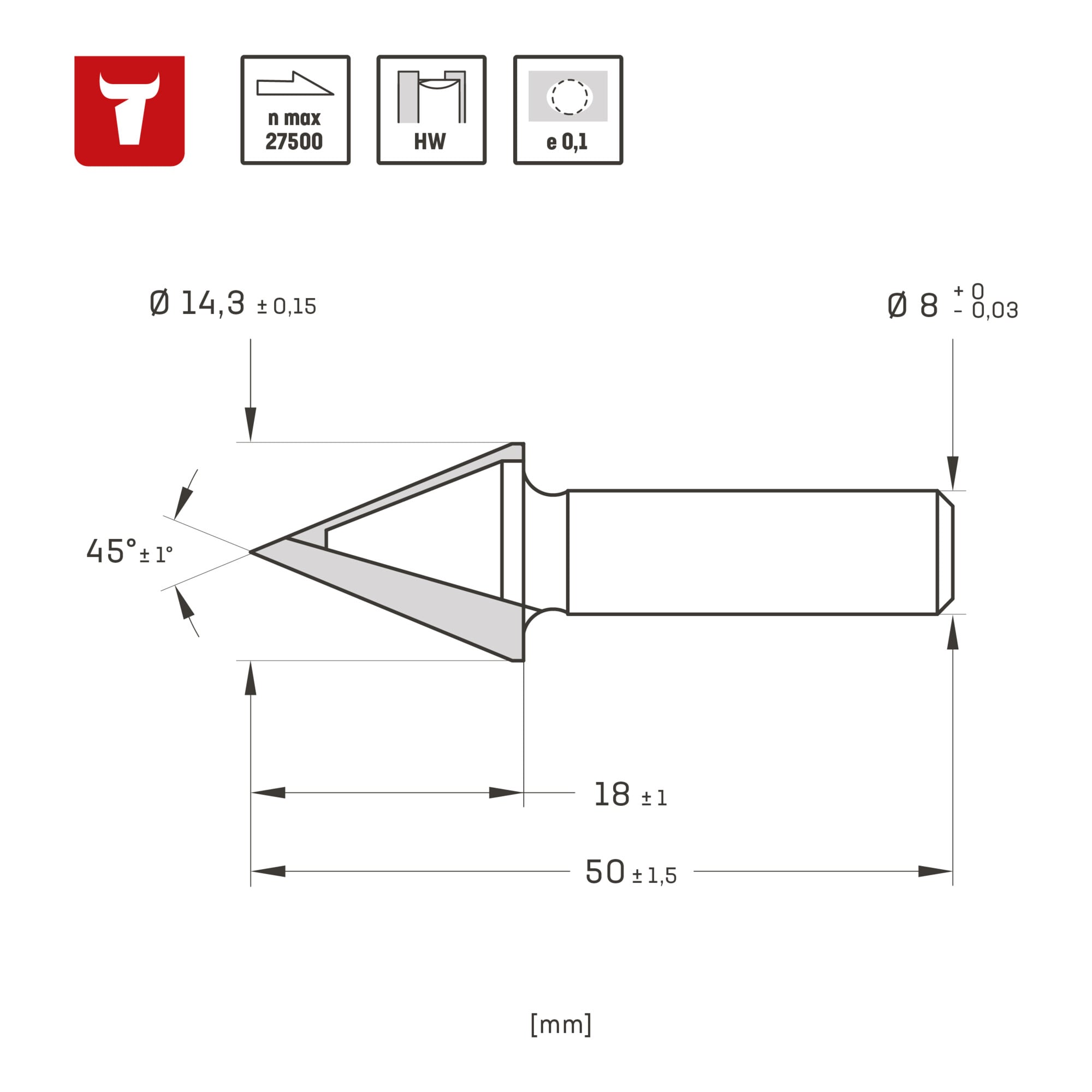 STIER Gipskartonfräser D12,5 mm 45 Grad S8 mm HW