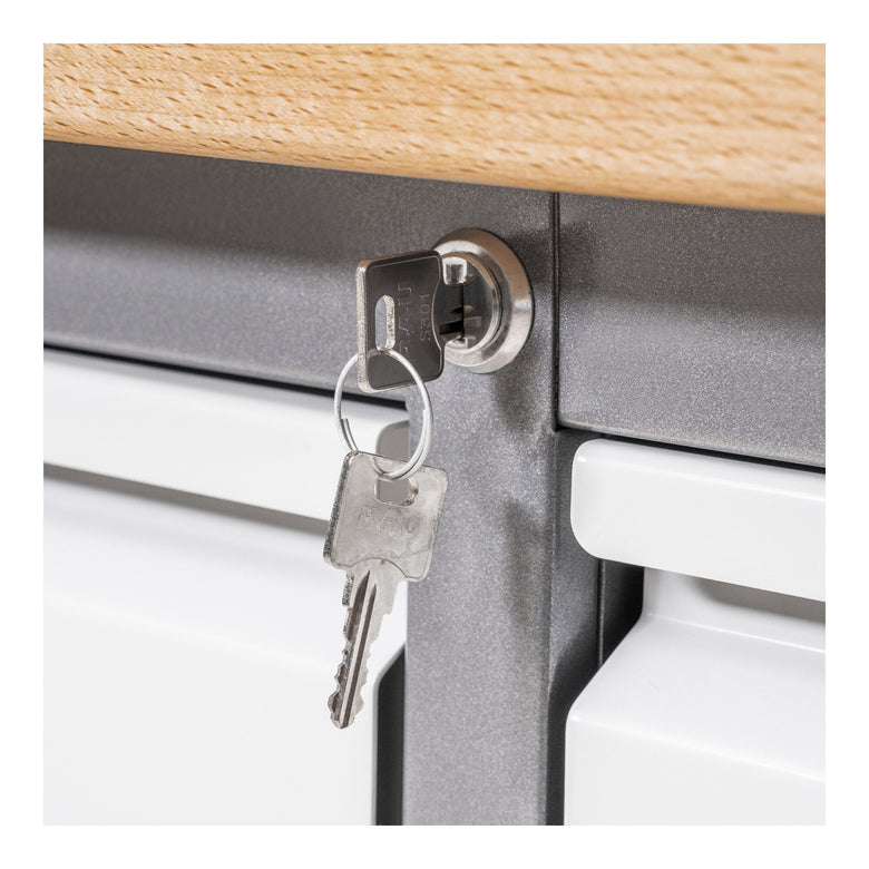 STIER Höhenverstellbare Werkbank Premium mit 2 Schubladen und 2 Flügeltüren BxTxH 1500x700x840-1040mm