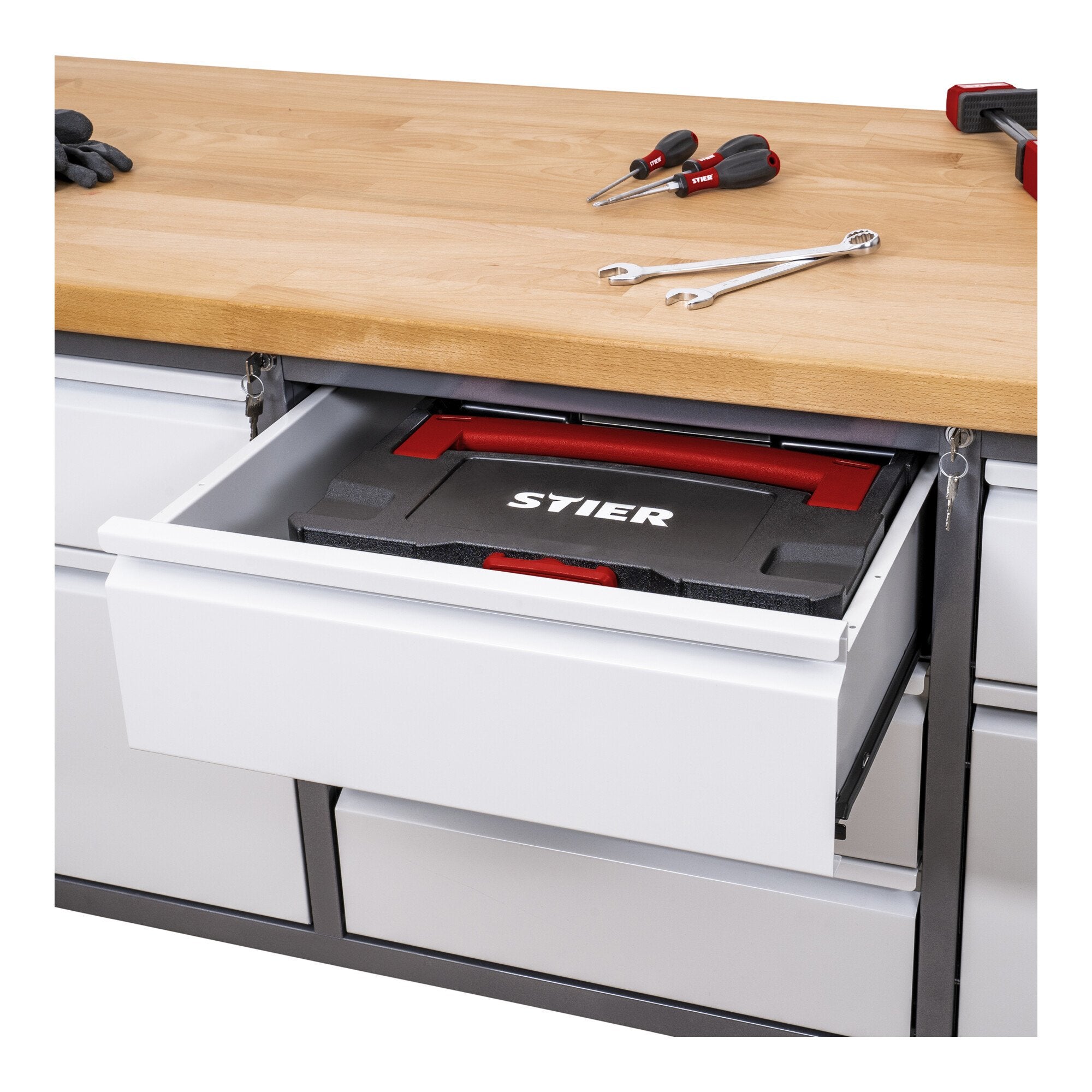 STIER Höhenverstellbare Werkbank Premium mit 2 Schubladen und 2 Flügeltüren BxTxH 1500x700x840-1040mm