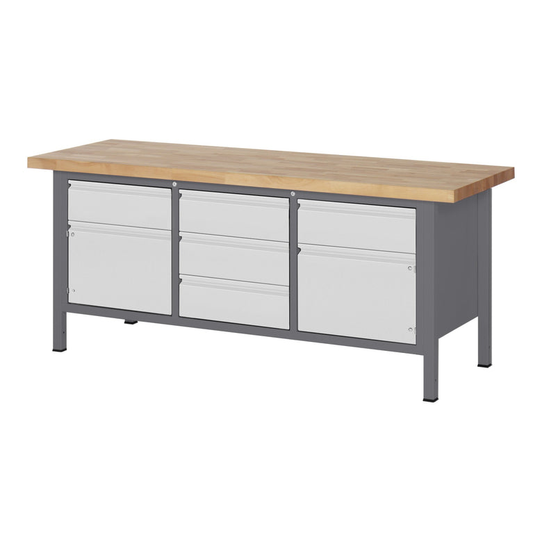 STIER Höhenverstellbare Werkbank Premium mit 2 Schubladen und 2 Flügeltüren BxTxH 1500x700x840-1040mm
