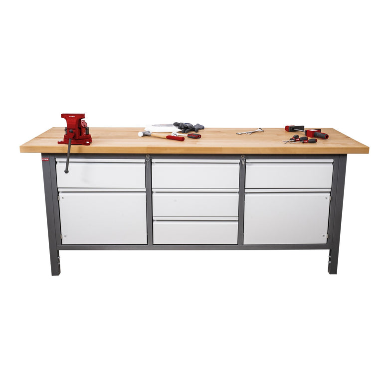 STIER Höhenverstellbare Werkbank Premium mit 2 Schubladen und 2 Flügeltüren BxTxH 1500x700x840-1040mm