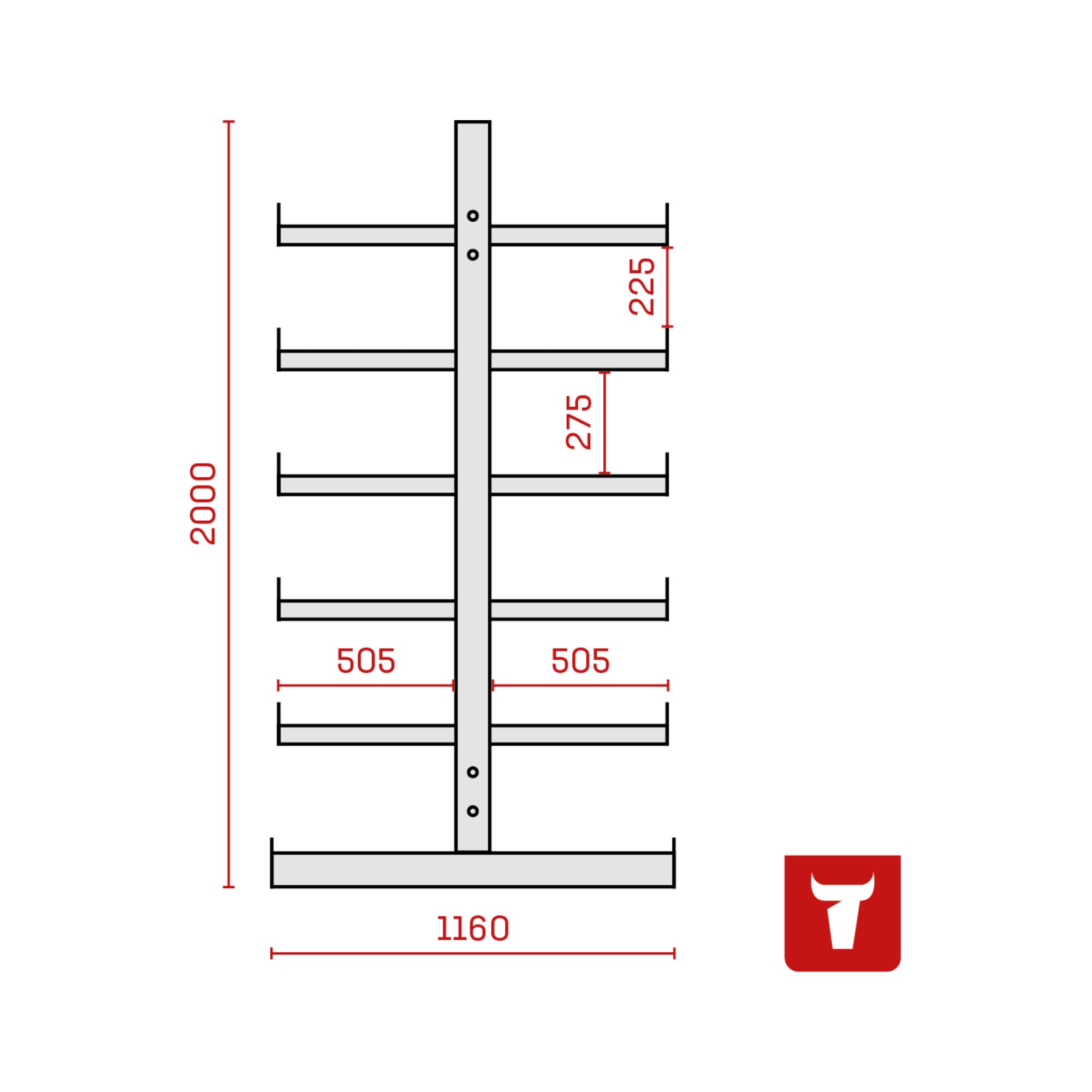 STIER cantilever rack double-sided 1 bay with 5 levels 1300x2000x500mm fire red