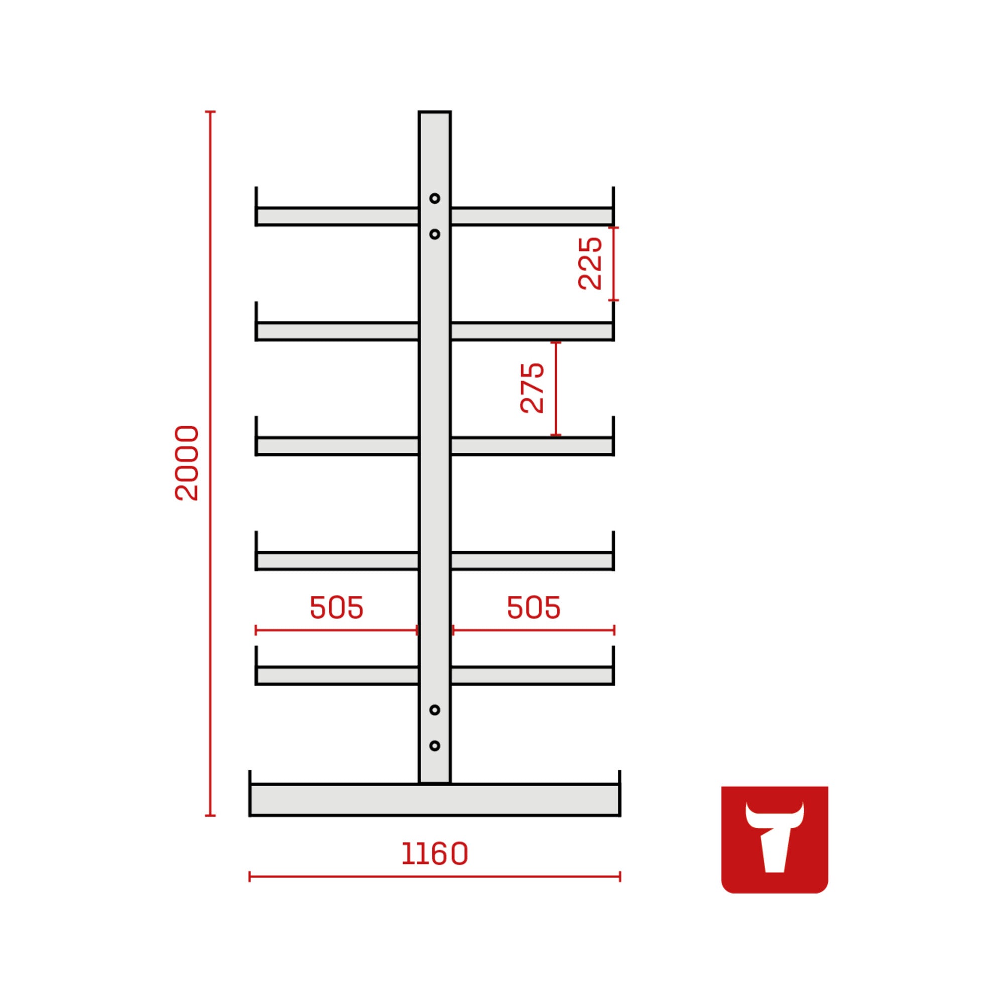 STIER cantilever rack double-sided 1 bay with 5 levels 1300x2000x500mm fire red