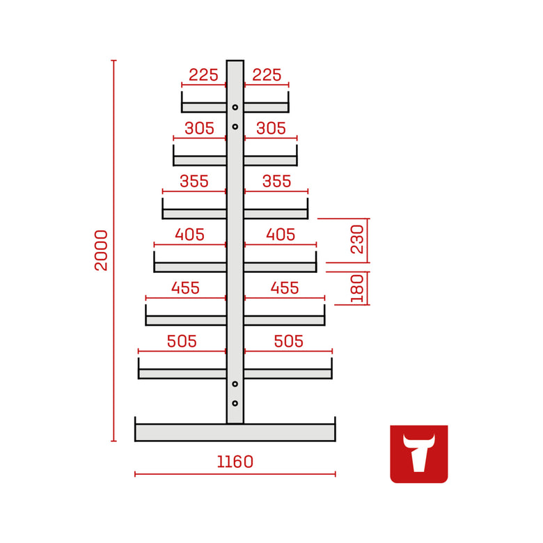 STIER cantilever rack double-sided 1 bay with 6 descending levels 1300x2000x500mm fire red